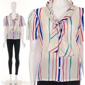 70's RAINBOW Fruit Stripe Ascot Blouse Pussy Bow Button Up Blouse Medium